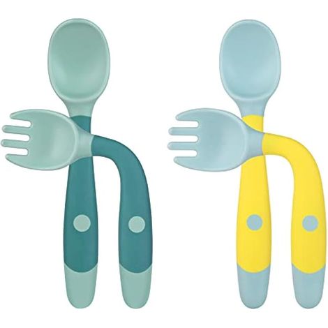 Cuillère et fourchette bébé, set de 4 pièces, couverts d’apprentissage en silicone, prise facile, pour bébé et tout-petit, bleu-vert