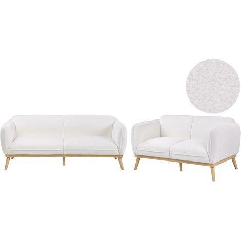 Conjunto de sala de estar de estilo escandinavo sofás de 2 y 3 plazas con patas cónicas de madera tapizado de bouclé blanco Ljung