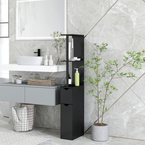 Colonne de salle de bain gain de place avec 2 étagères et 2 placards, colonne en bois pour salle de bain ou salon, 15,2 x 29,8 x 118 cm, noire (1/5)