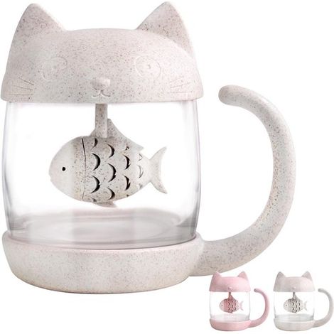 Taza de té de cristal para gatos, botella de agua con forma de pez, infusor de té, filtro de colador, 250 ml (1/3)
