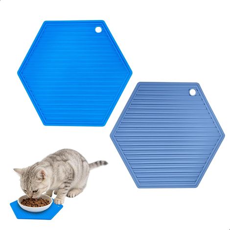 (2 Stück) 22 x 17,5 cm, blauer Tapis Gamelle Chat Chien, sechseckiger Tapis Nourriture Chat, Antidérapant Tapi pour Chat, ImperméAble Tapi Silicone Chat Chien (1/4)
