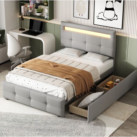 Letto imbottito 90x200 cm grigio con LED e 2 cassetti, rete a doghe inclusa (1/5)