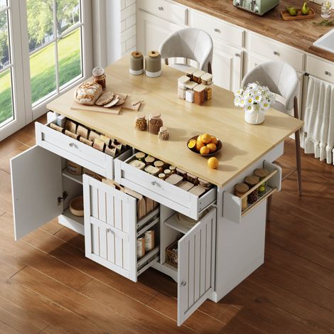 Isla de cocina móvil blanca y madera 120x45/70x92 cm, MDF, bandeja abatible, 4 cajones y ruedas con freno (1/5)