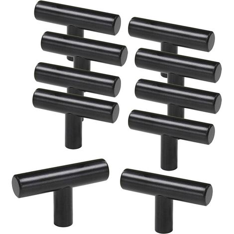 Lot de 10 Poignees Meubles Porte Poignées Placard Tiroirs en Acier Inoxydable avec Vis Noir - Bouton en T (1/5)