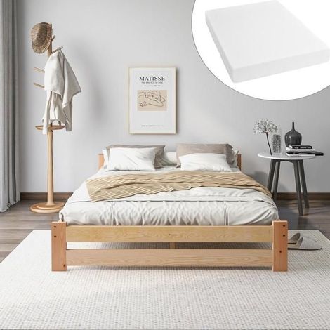 Lit - KOMHTOM - Futon pin massif - Matelas 140x200 cm - Sommier à lattes - Tête de lit, naturel (1/5)
