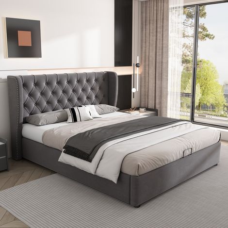 Gutent – Lit double rembourré 140 x 190 cm – Velours gris – Lit hydraulique avec coffre de rangement – Rivets décoratifs