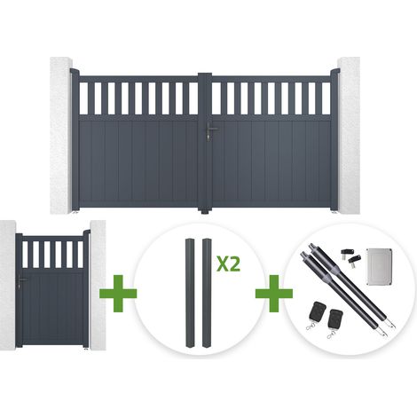 Portail battant 3m SANTIS H.160cm aluminium gris + 4 poteaux ELDA + Portillon 1m SANTIS H.160cm aluminium gris + motorisation Ranger B150 (1/5)