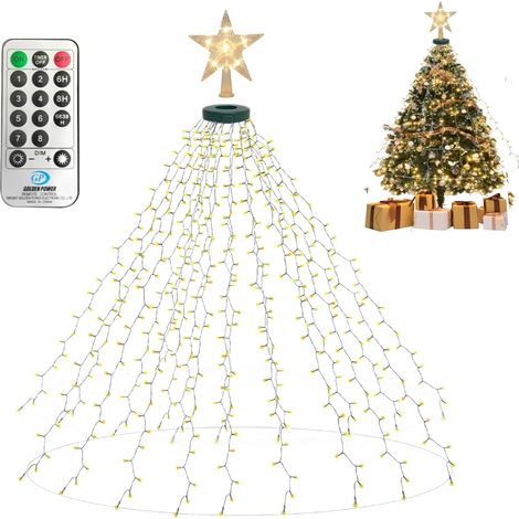 Guirlande lumineuse pour sapin de Noël avec anneau et étoile, 450 LED Éclairage pour sapin de Noël 2 m x 18 fils, 8 modes d'éclairage Étanche pour sapin de 150 cm à 200 cm-Blanc Chaud (1/5)