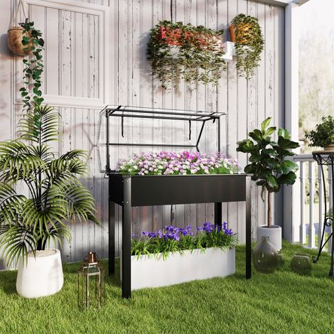 Jardinière surélevée avec toit de serre, bac à plantes surélevé avec trous de drainage, 100 x 48 x 124 cm, noire