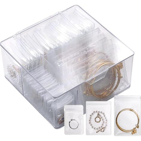 Présentoir à bijoux transparent – ​​Boîte de rangement pour boucles d'oreilles, boucles d'oreilles, colliers, bracelets, support de boîte, compartiments, boîtes de 60 sacs à bijoux portables anti-tern