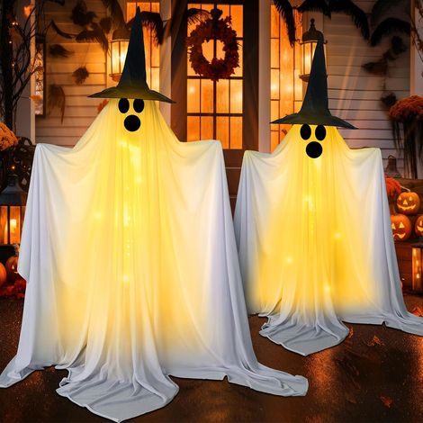 Lot de 2 Fantômes Halloween Lumineux avec Chapeau de Sorcière, Guirlande Lumineuse Extérieure, Décoration Fantôme Blanc pour Porche, Jardin, Pelouse (1/5)