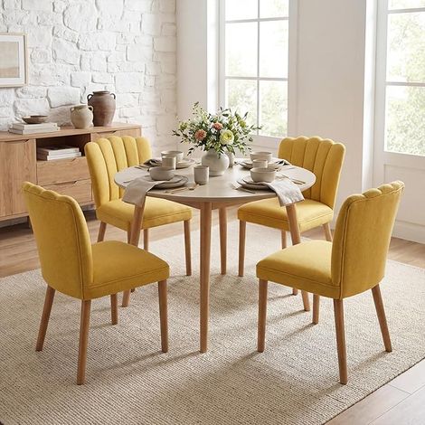 Wahson Set di 4 Sedie da Pranzo Imbottite in Tessuto con Gambe in Legno, Giallo
