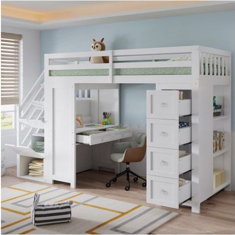 Lit Mezzanine 90x200cm avec Bureau et Rangement - Lit Ado - Bois Massif et MDF Blanc avec Tiroirs et Étagères pour Chambre d'Enfants (1/5)