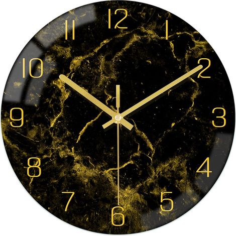 Horloge murale moderne de 30 cm, texture marbre noir et or, aiguilles dorées - silencieuse, à piles, mouvement à quartz rond - décoration rustique pour cuisine, chambre, salon et bureau (1/5)