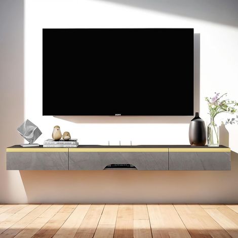 Meuble TV suspendu - Meuble TV bas - Moderne - Multimédia - Grand rangement avec 3 portes - Pour salon, chambre à coucher et bureau - 120 cm - Gris foncé (1/5)