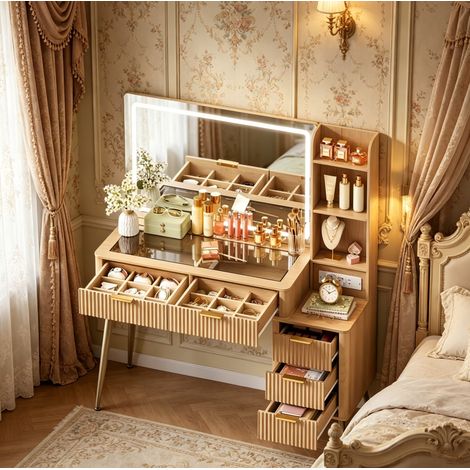 Coiffeuse 117x40x137 cm en bois et verre, effet bois clair, avec rangement pour chambre FloraGrace (1/5)