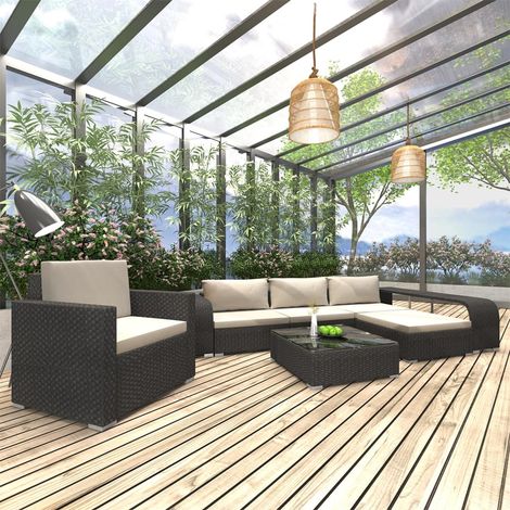 Salon de jardin 8 pièces en résine tressée noire avec coussins écru - PANGIVO (1/5)
