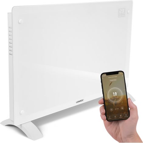 VONROC Calefactor eléctrico de lujo - Panel de vidrio de convección - 2000W - 24m2 - Control manual y Wifi - Termostato ajustable y temporizador - Blanco (1/5)