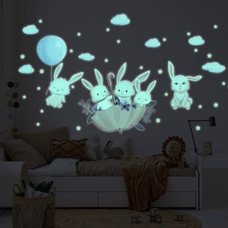 Sticker phosphorescent lumineux - LAPINS DANS LE CIEL - Autocollant mural plafond enfant fluorescent - 65x40cm