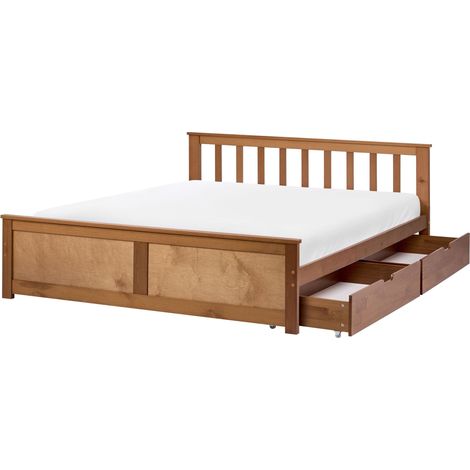 Bed Frame Brown Pine Wood MDF Storage Set of 2 Drawers EU Small Double 4ft Headboard Minimalist OLENDON