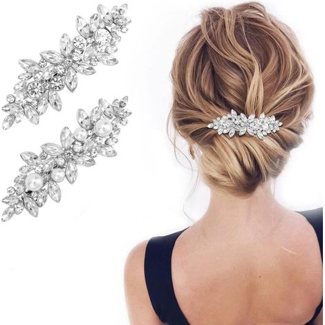 Pinces de coiffure nuptiales à cristaux, perles et strass argentés pack 2 pièces, décoration chic pour chignon de mariée (1/5)