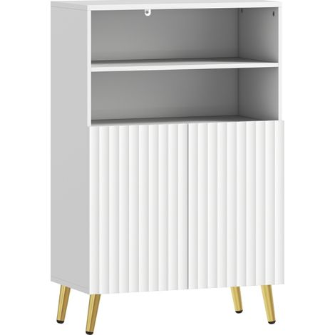 Meuble de salle de bain blanc avec 2 niches ouvertes, porte soft-close, étagère réglable, structure bois et métal, style rainuré élégant  CHICFURN (1/5)