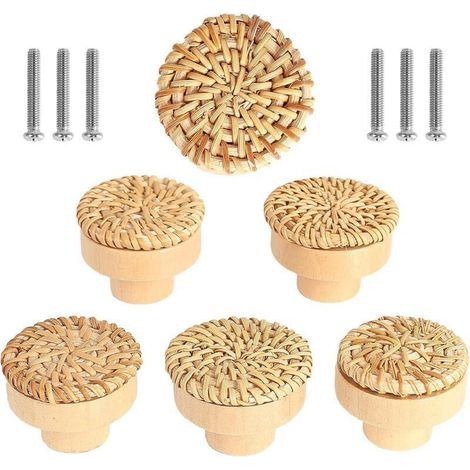Lot de 6 boutons de meuble en rotin Boutons de Tiroir, de Porte Style bohème Poignée Tiroir en Bois Ronds Pour Commode Armoire Placards de Cuisine (1/5)