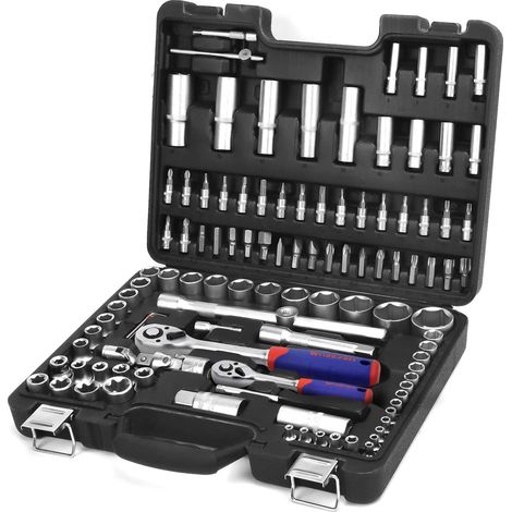 WORKPRO Set di Chiavi a Bussola con Cricchetto 1/4''+ 1/2'' 108 Pezzi, Custodia Portatile, Maniglia Girevole, Barra di Prolunga, Kit di Attrezzi Meccanici per Auto (1/5)