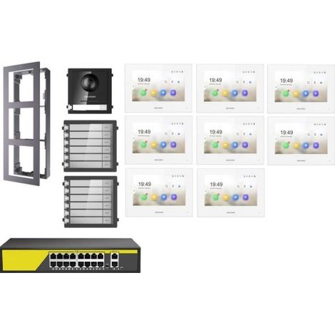KIT Videocitofono IP Poe Hikvision 8 appartamenti Monitor bianco WIFI smart telecamera 2 mpx