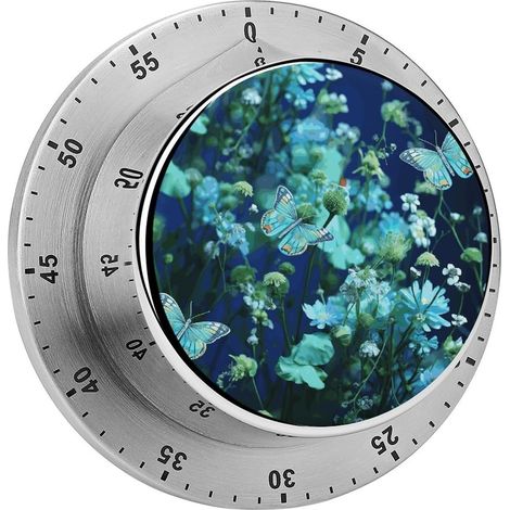 Minuteur papillon vert et fleur bleue, magnétique en acier (1/5)