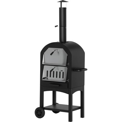 Four à pizza extérieur au charbon de bois - Barbecue mobile - Four à bois - Pierre réfractaire - Cheminée, thermomètre - Acier au carbone gris foncé (1/5)