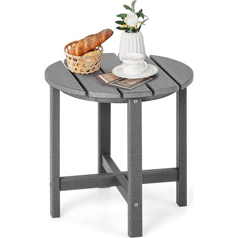 COSTWAY Table d’Appoint Extérieure en HDPE Résistante aux Intempéries Charge 100KG, Table Basse de Jardin Ronde Design Adirondack, pour Patio Terrasse Cour 46 x 46 cm, Gris (1/5)