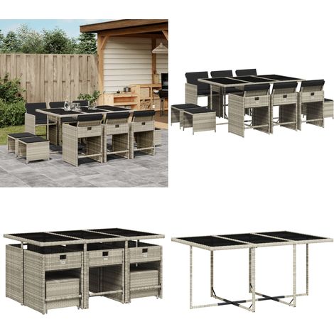 11-tlg. Garten-Essgruppe mit Kissen Hellgrau Poly Rattan - Gartenmöbel Set - Gartentisch - Gartenstühle - Gartenhocker - Rattan Möbel - Home & Living (1/5)