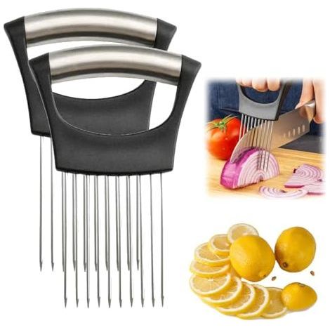 Zwiebelschneiderhalter aus Edelstahl, neuer Zwiebelhalter zum Schneiden, Zitronenschneider, Gemüseschneider, Zerkleinerer, Schneidehilfe für Kartoffeln, Tomaten, Zwiebeln (2 Stück) (1/5)