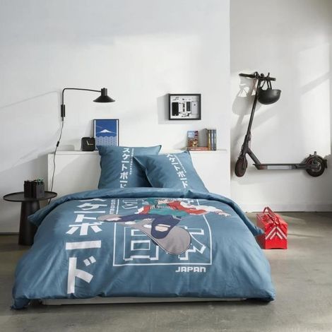 Parure de lit - TODAY - JAVA - 2 personnes - 240x220 cm - Coton - Imprimé Japan - Bleu (1/4)