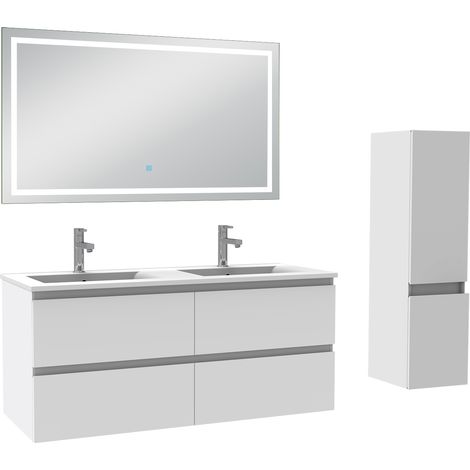 Aica Ensemble meuble Salle de Bain 120cm double vasque avec Colonne et Miroir LED 3 Couleurs Blanc