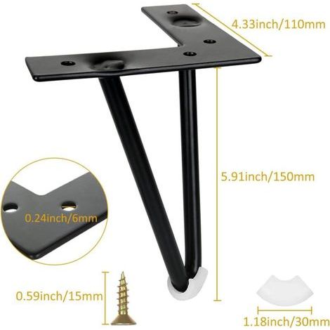 Set di 4 gambe per tavolo a forcina, 15 cm, gambe per tavolino da caffè in metallo nero con viti, stile industriale (1/5)