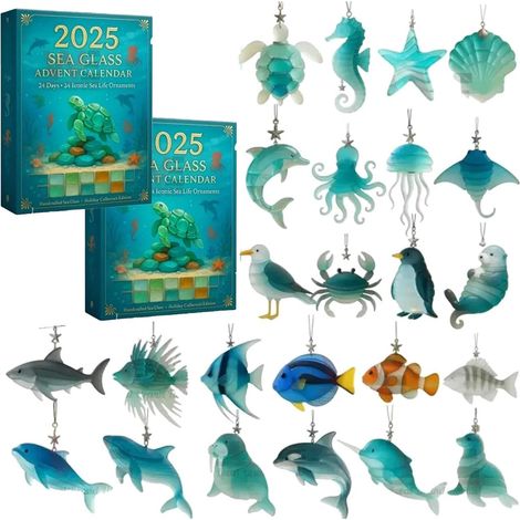 Calendrier de l'Avent 2025 Ocean Treasures en verre de mer – Compte à rebours de Noël de 24 jours sur le thème de l'océan avec 24 adorables décorations réalistes de la vie marine, cadeau pour les (1/5)