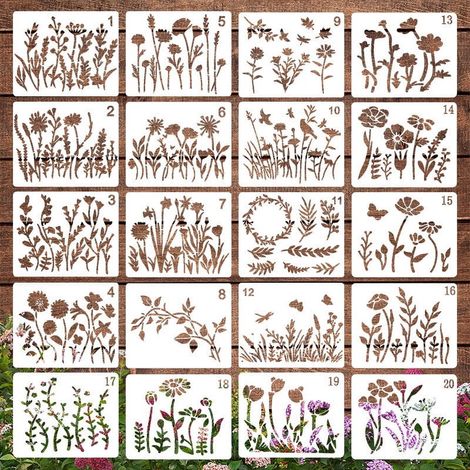 Pochoir Fleuri Réutilisable - Pour Peinture sur Bois Mur Papier Carton - Motifs Roses Tournesols Pivoines - 20 Pièces (1/5)