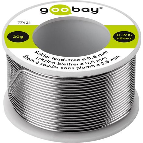 goobay Soldadura con fundente Ø 0,8 mm, 20 g – sin plomo para soldadura en componentes eléctricos, 0,3% plata, 7% cobre, 99% estaño, contenido de fundente 2,5%, punto de fusión 217 °C, 77421 (1/5)