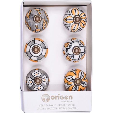 Pomos de cerámica con flores gris y mostaza set de 6 tiradores (1/2)