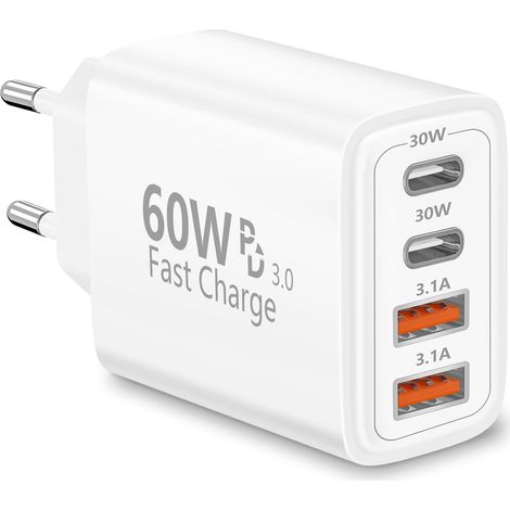 Chargeur USB C, 60W 4-Port Prise Chargeur Rapide USB C, Multiple Secteur Double PD+QC 3.1A Type C Adaptateur pour iPhone 17 17 Pro Max 16 Pro 15 14 13 12 11 XS XR, Samsung Galaxy S25 S24, iPad (1/5)