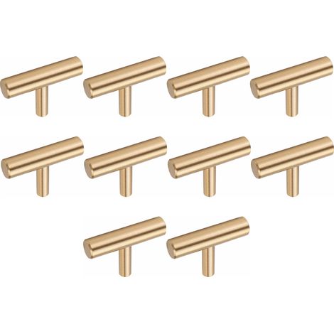 Bouton Meuble - Laiton Massif Brossé Or - Forme T 50x35 mm - Pour Armoires Cuisine Salle De Bain - Lot De 10
