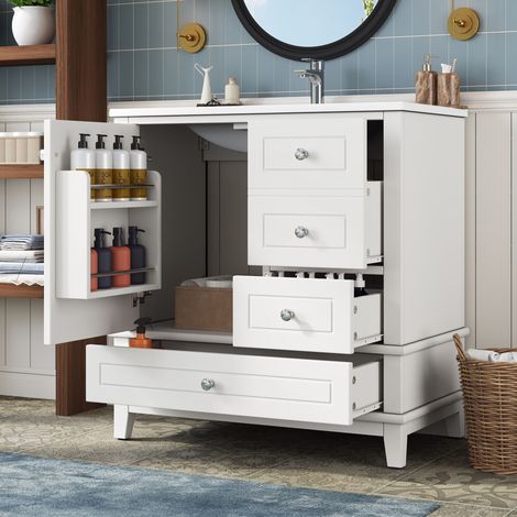 Armoire de salle de bain autoportante de 81 cm, laquée blanche, avec trois tiroirs, une porte simple avec étagères et grand espace de rangement sous le lavabo, robinet non inclus (1/5)