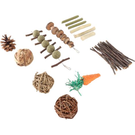 Ensemble de jouets à mâcher pour lapins et cochons d'Inde : boule d'herbe, ficelle, pomme de pin et bâtonnet en bois. Convient également aux hamsters et cochons d'Inde. (1/5)