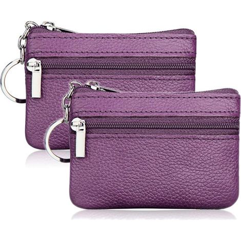 Lot de 2 mini portefeuilles zippés en cuir avec porte-clés (violet), (1/3)