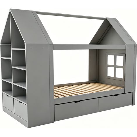Letto a casetta per bambini 90 x 200 cm grigio con due cassetti, LED e vani portaoggetti (1/5)