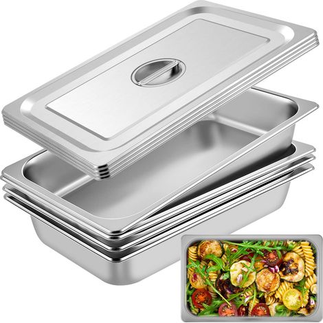 VEVOR Vassoio Rettangolare Portabile 13L Vassoio in Acciaio Inossidabile da 4 Pezzi, Piatto e Pentola al Vapore da Cucina 530x325x100mm con Coperchio, Teglia da Forno per Bar, Ristorante e Hotel (1/5)