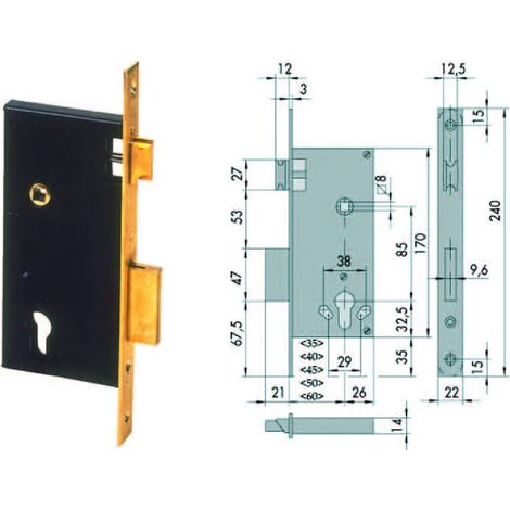 Serratura da infilare a cilindro 2 mand. bordo quadro 5c110 - Misure: mm 50 (5C110500)