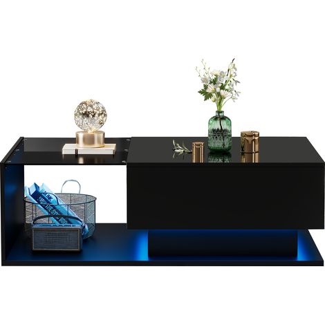 GagaTable basse noire 100x50x32 cm LED verre tiroir (1/5)